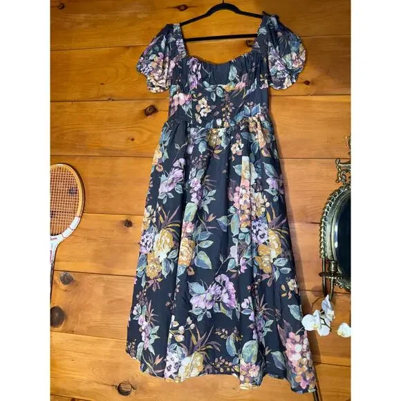 NWT Lulus Adorable Tendencies Dark Grey Floral Puff Sleeve Midi Dress Party XL - Picture 2 of 9